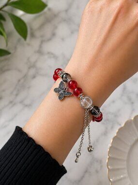 Red Glass Beaded Butterfly Bracelet Silver Charm Crystal Crackle Design Chain